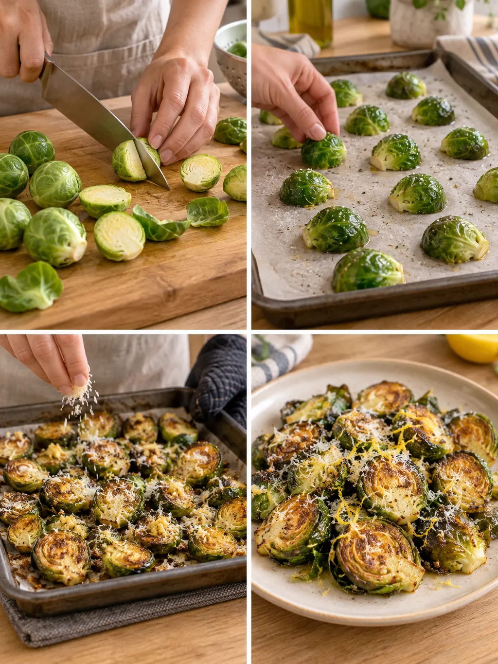 Rosenkohl halbieren, auf dem Blech verteilen, mit Parmesan bestreuen und fertig servieren