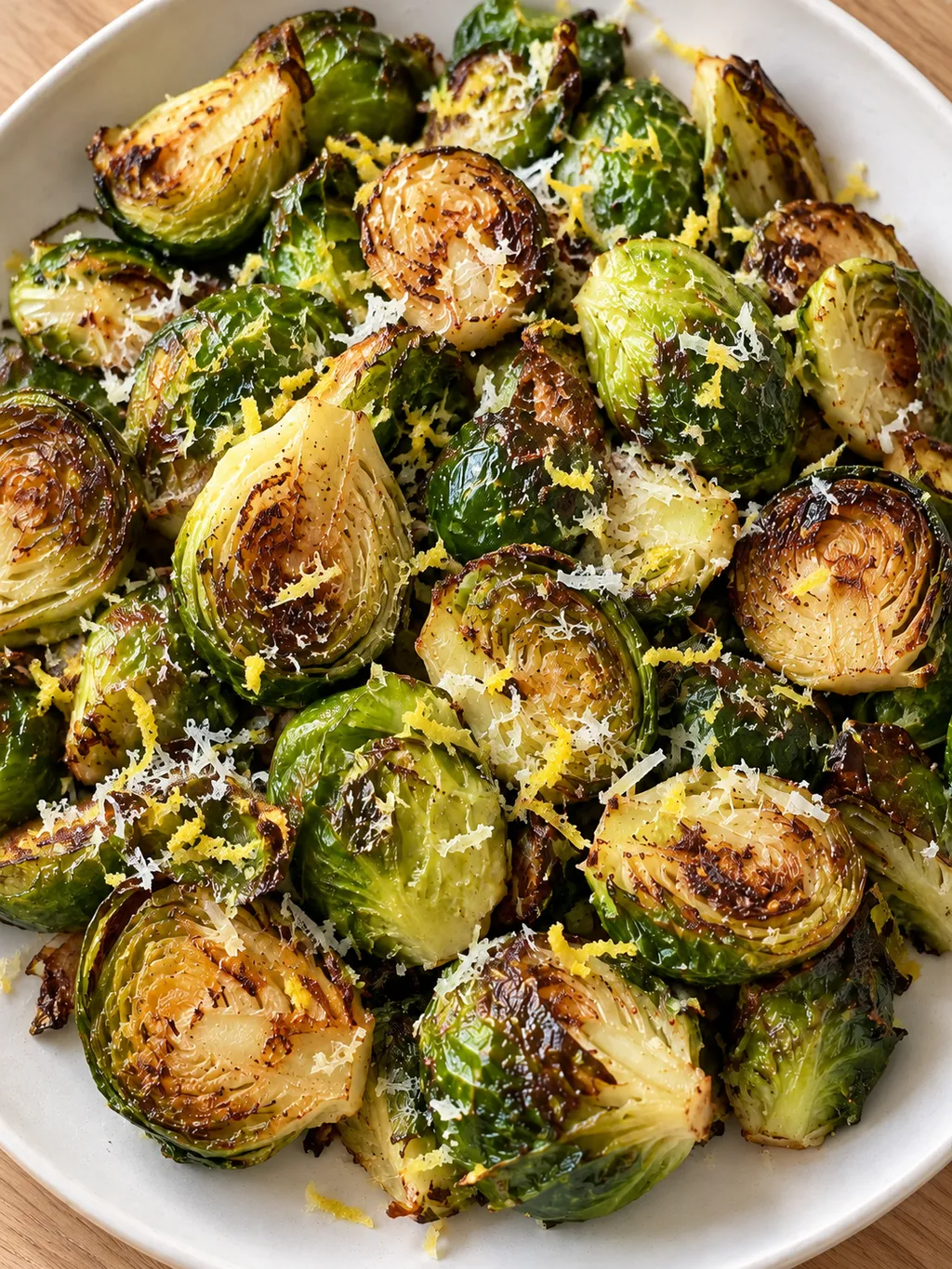 Geröstete Rosenkohlhälften mit Parmesan und Zitronenabrieb auf einer hellen Platte