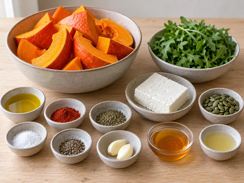 Hokkaido, Feta, Honig, Kürbiskerne, Rucola und Gewürze für Ofenkürbis