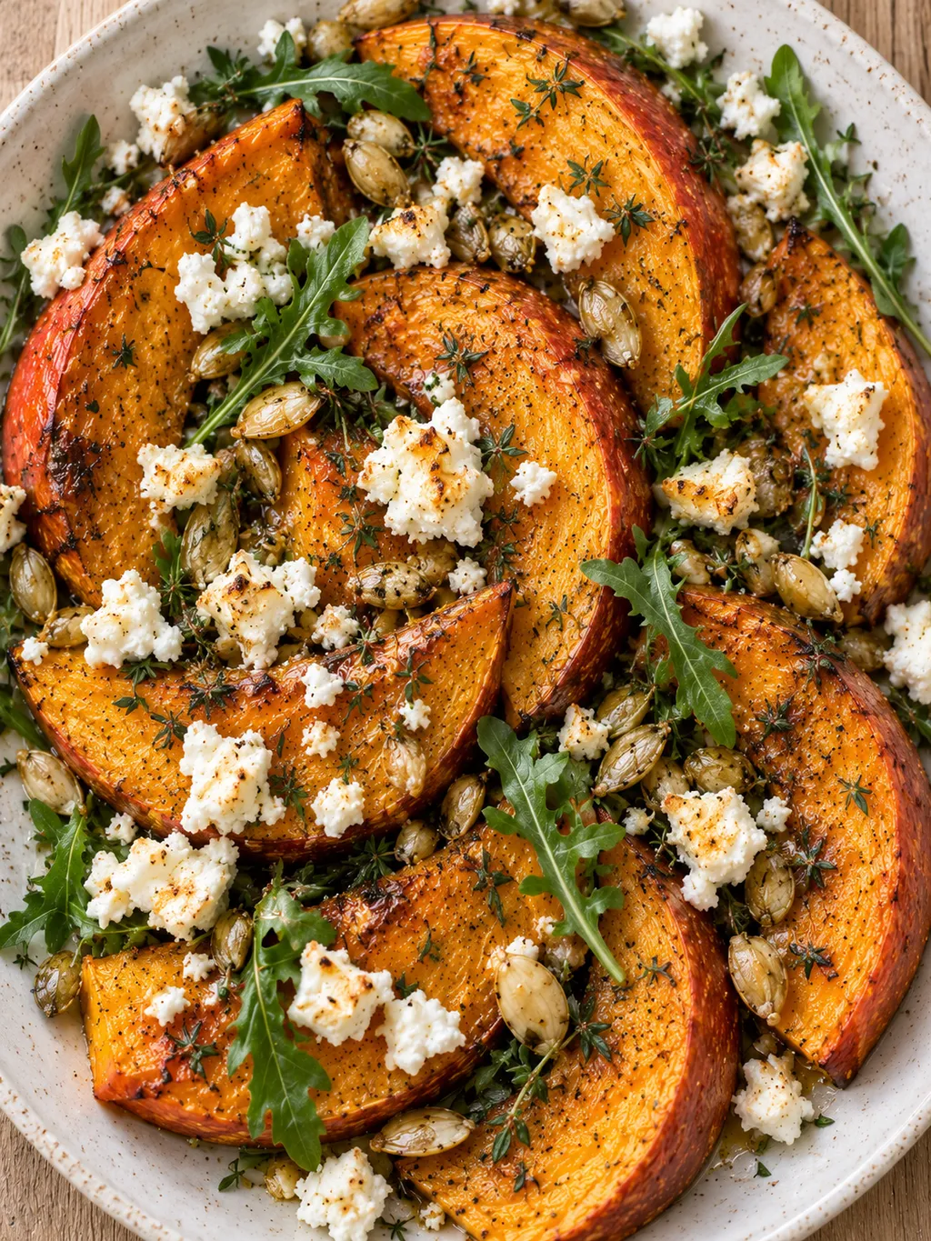 Ofenkürbis mit gebräunten Kanten, Feta, Honig und grünen Kürbiskernen