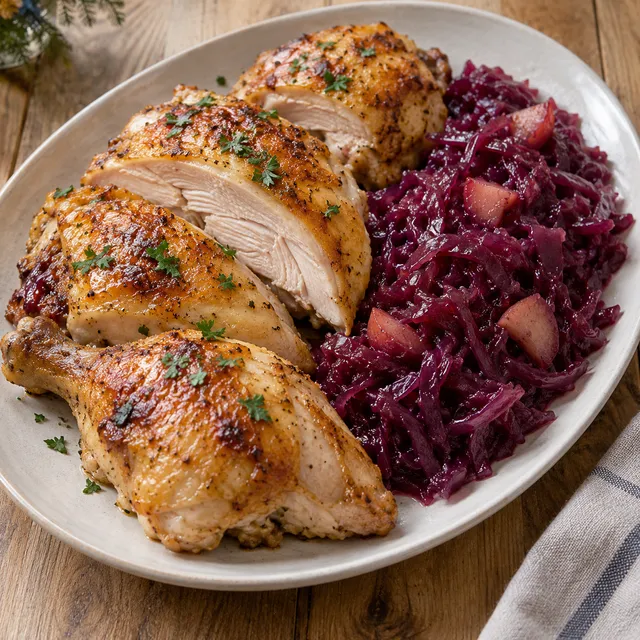 Goldbraunes Oktoberfest-Hähnchen mit Petersilie und süßsaurem Apfelrotkohl