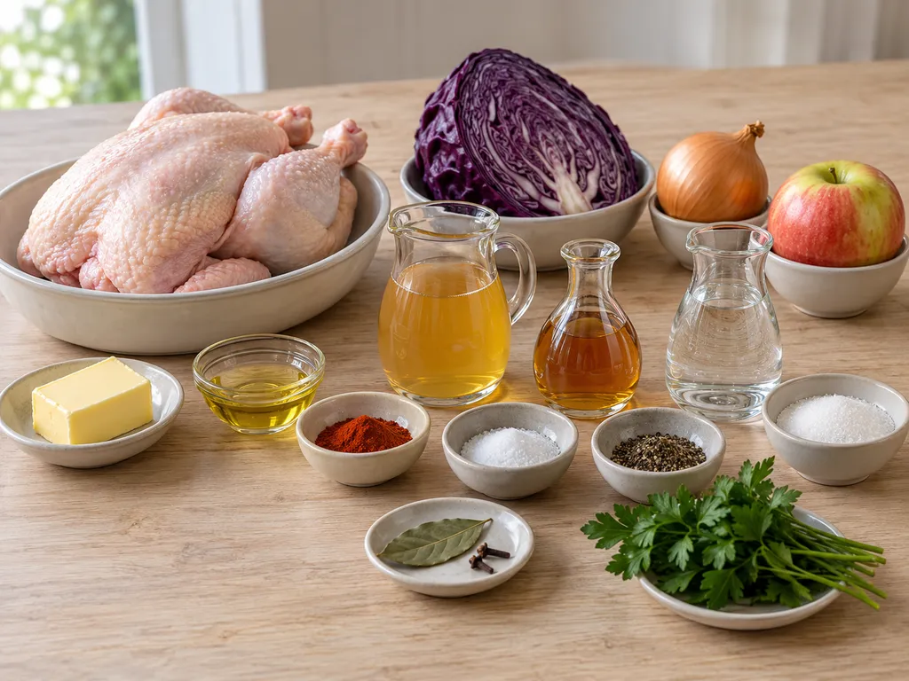 Hähnchen, Rotkohl, Apfel, Butter und Gewürze getrennt auf einer hellen Holzfläche