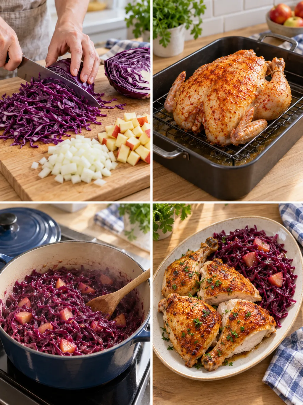 Rotkohl schneiden, Hähnchen würzen, Kohl schmoren und das fertige Gericht anrichten