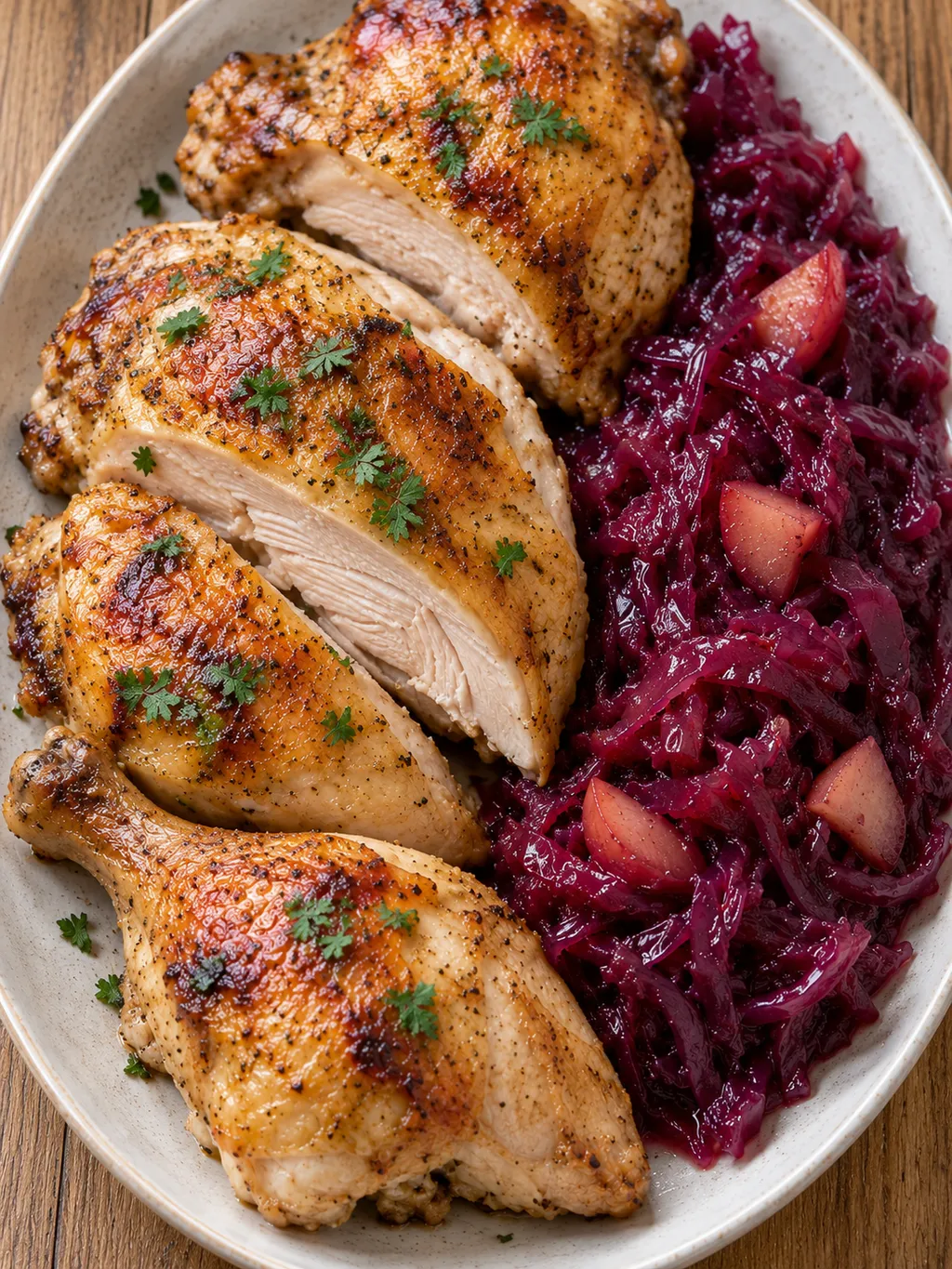Knusprige Hähnchenportionen mit Petersilie neben dunkelrotem Apfelrotkohl