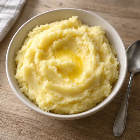 Omas Kartoffelpüree mit weichen Löffelmulden und geschmolzener Butter in einer Keramikschüssel