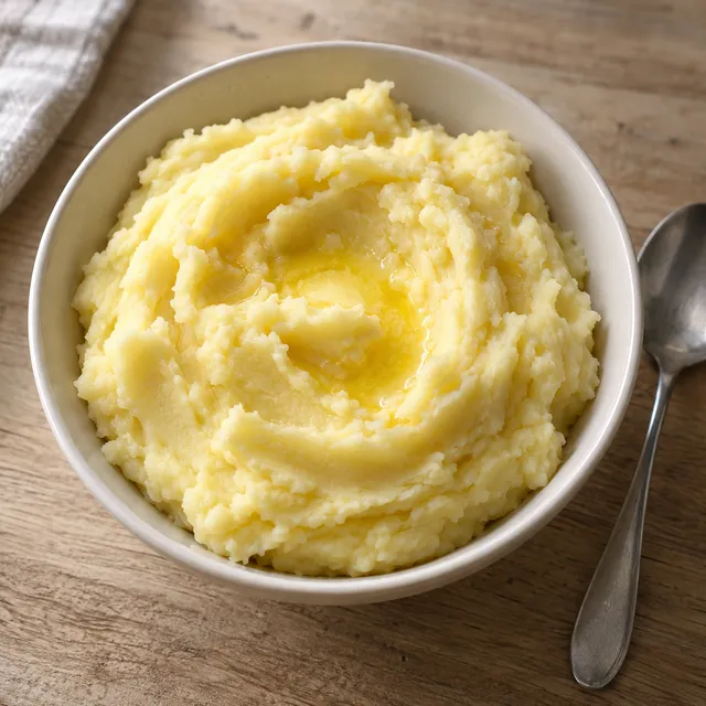 Omas Kartoffelpüree mit weichen Löffelmulden und geschmolzener Butter in einer Keramikschüssel