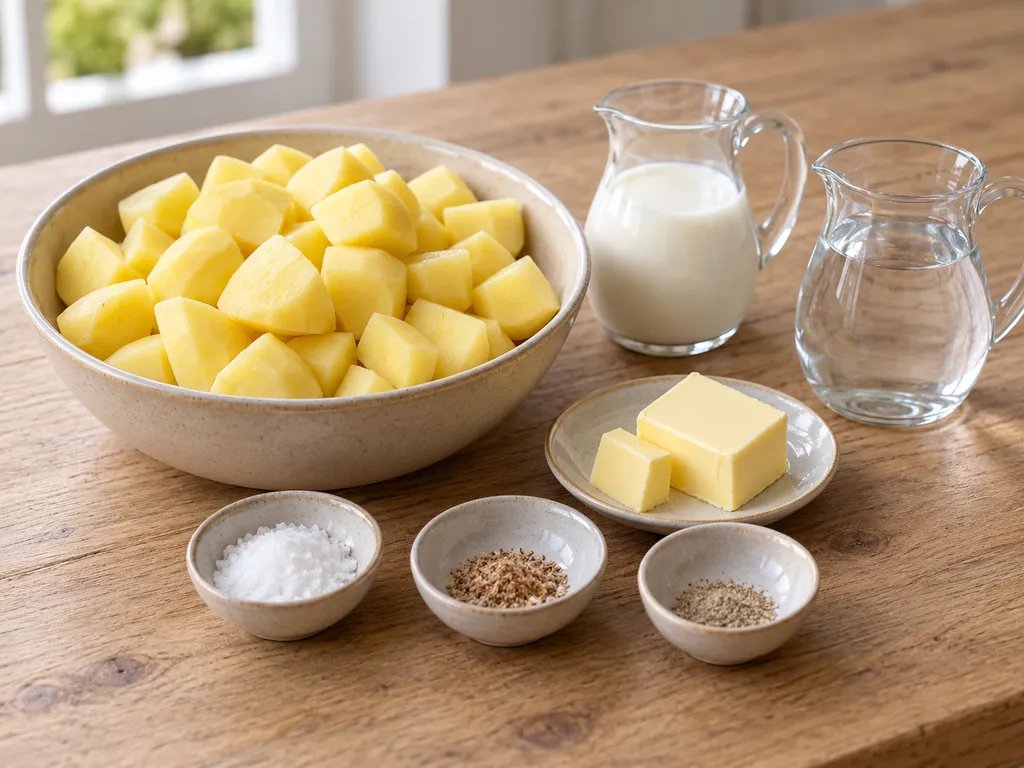 Kartoffelstücke, Milch, Butter, Salz, Muskat und weißer Pfeffer für Kartoffelpüree