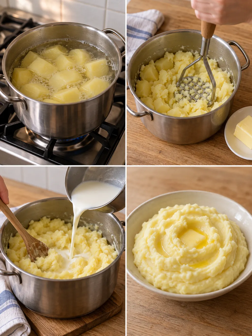 Kartoffeln kochen, von Hand stampfen, Milch einrühren und fertiges Kartoffelpüree servieren