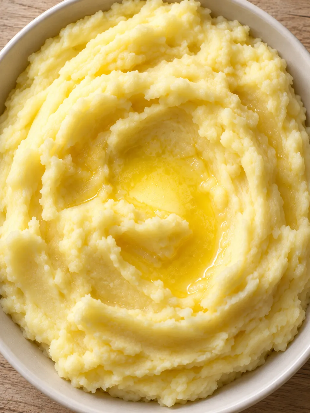 Cremiges Kartoffelpüree mit geschmolzener Butter und feinen Löffelmulden