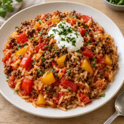 Paprika-Hack-Pfanne mit Reis, roten und gelben Paprikastücken, Schmand und Petersilie
