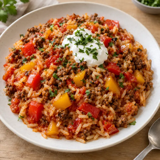 Paprika-Hack-Pfanne mit Reis, roten und gelben Paprikastücken, Schmand und Petersilie