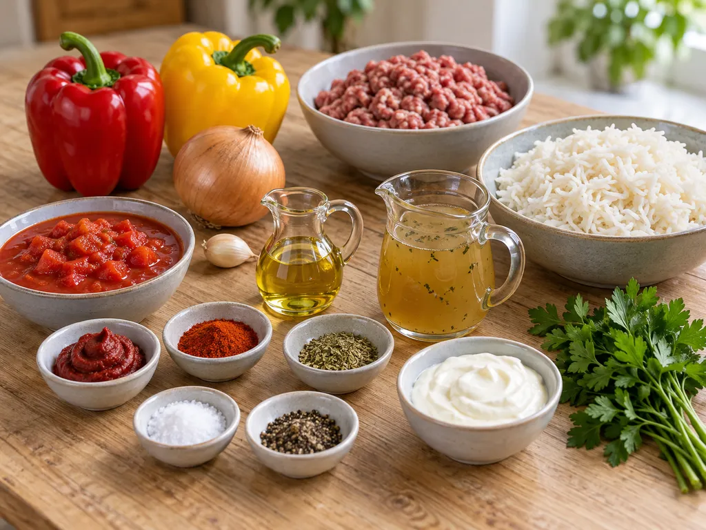 Zutaten für Paprika-Hack-Pfanne mit gegartem Reis, Hackfleisch, Gemüse und Schmand