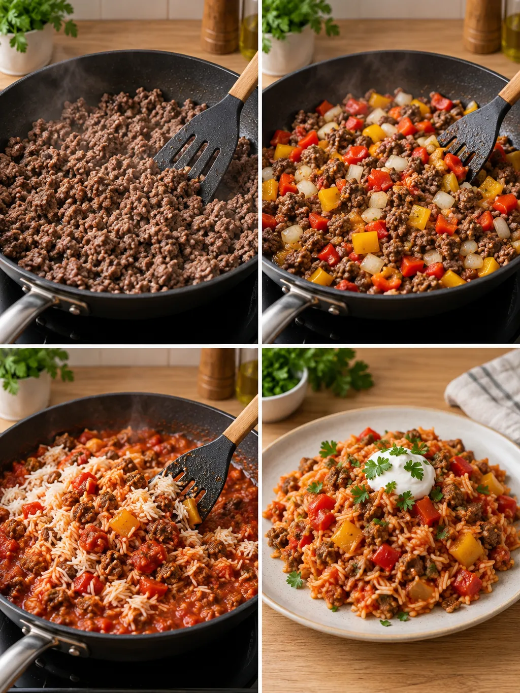 Hack anbraten, Paprika zugeben, Reis unterheben und die fertige Pfanne mit Schmand servieren