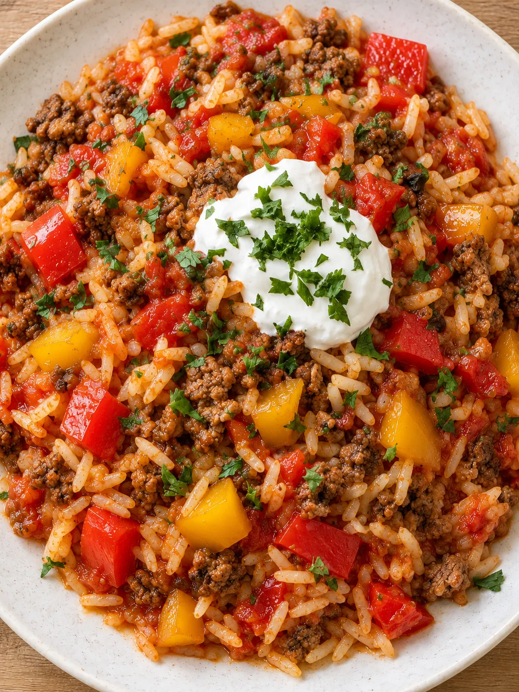 Reispfanne mit Hackfleisch, roter Tomatensoße, Paprika, Schmand und Petersilie