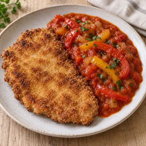 Goldbraunes Paprikaschnitzel mit Paprika-Tomatensoße und Petersilie daneben