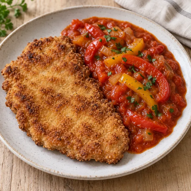 Goldbraunes Paprikaschnitzel mit Paprika-Tomatensoße und Petersilie daneben