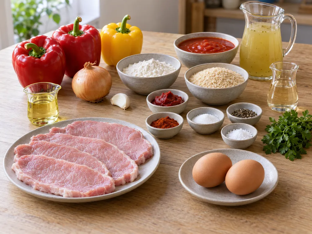 Schweineschnitzel, Paprika, Tomaten, Eier und weitere Zutaten für Paprikaschnitzel