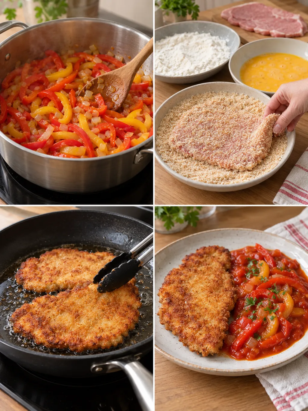 Paprikagemüse anschwitzen, Schnitzel panieren und braten, fertiges Paprikaschnitzel