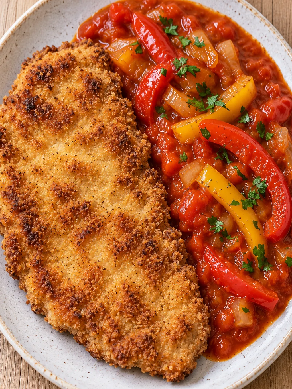 Knuspriges Schweineschnitzel neben roter Tomatensoße mit roten und gelben Paprikastreifen