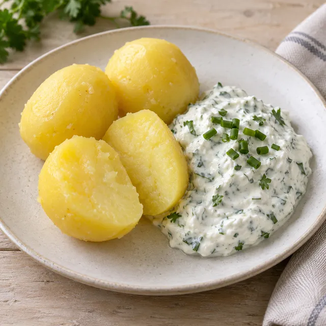 Gepellte Kartoffeln mit cremigem Kräuterquark, Schnittlauch und Petersilie