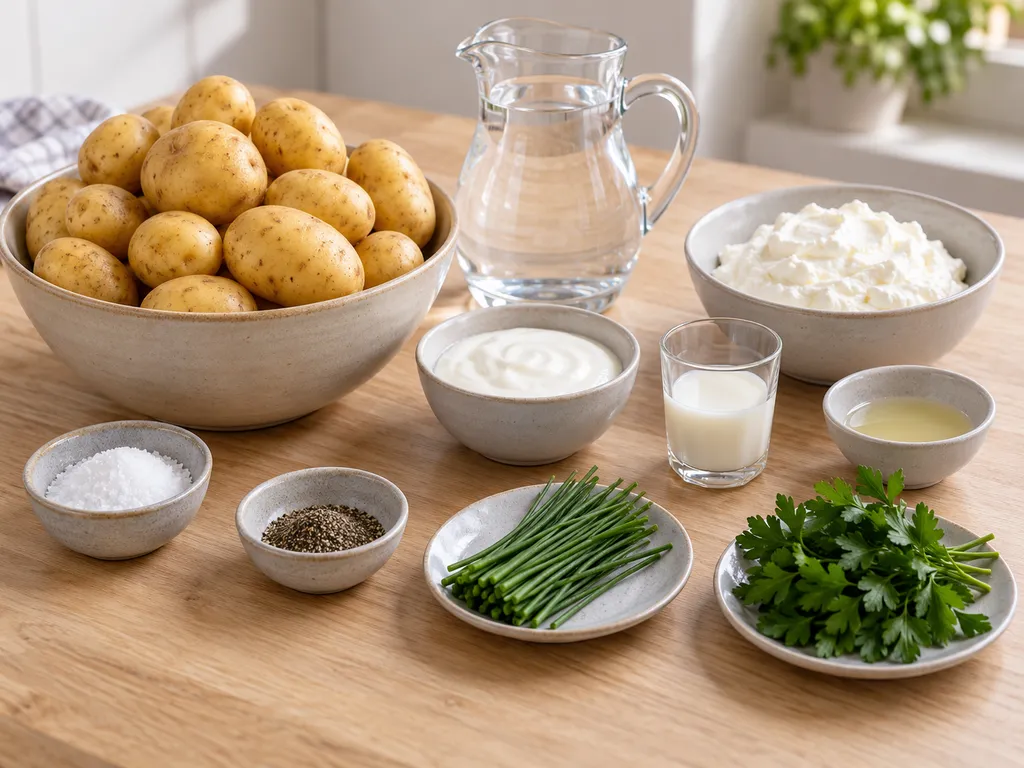 Kartoffeln, Quark, Joghurt, Milch, Kräuter, Zitronensaft, Salz und Pfeffer