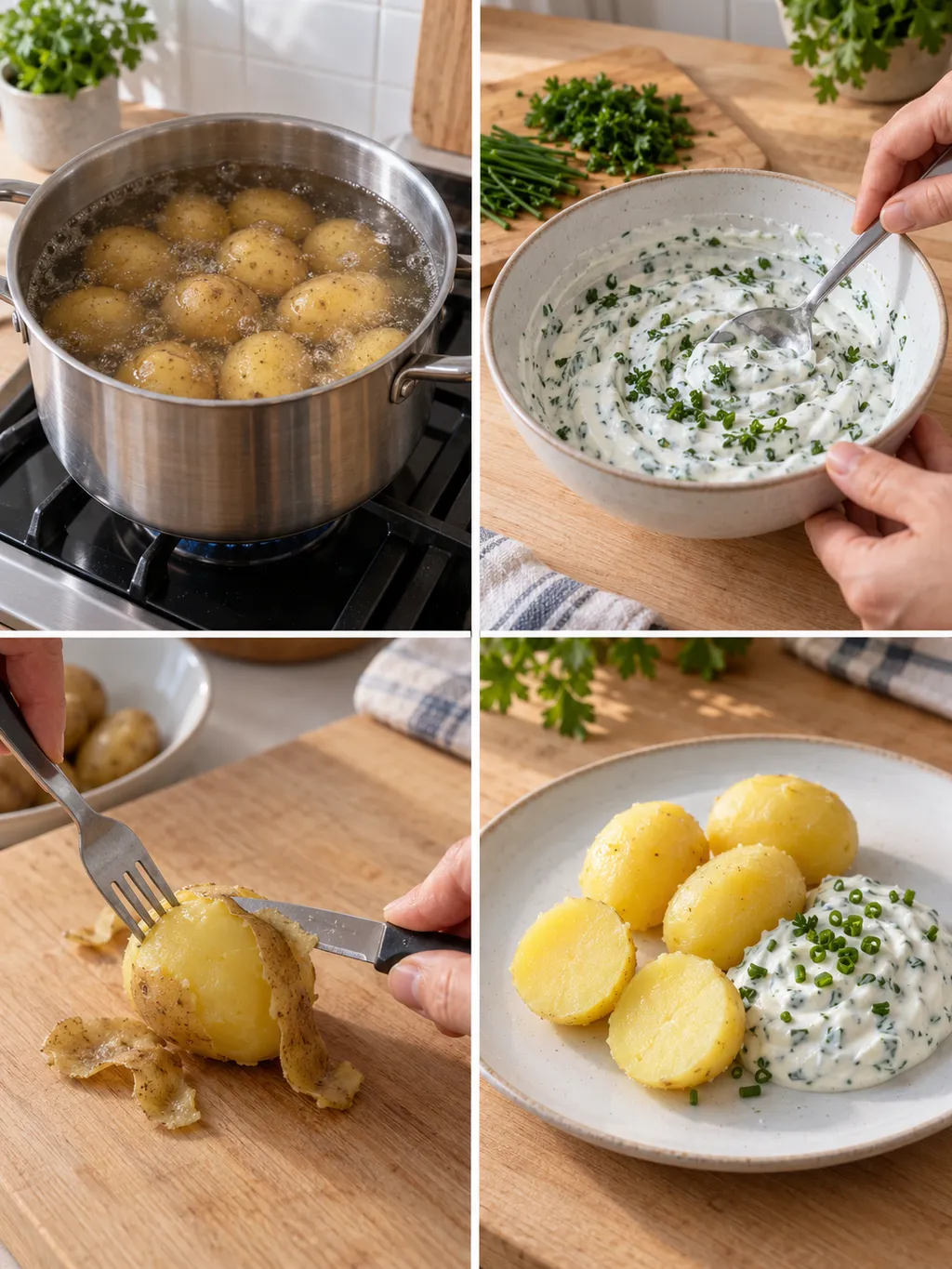 Kartoffeln garen und pellen, Kräuterquark anrühren und das fertige Gericht anrichten