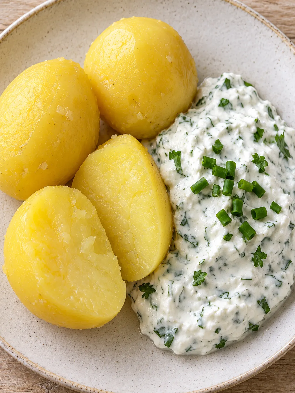 Warme gepellte Kartoffeln neben weißem Kräuterquark mit grünem Schnittlauch