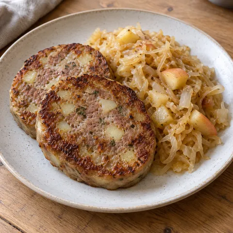 Goldbraun gebratene Pfälzer Saumagenscheiben mit Apfelsauerkraut auf einem hellen Teller