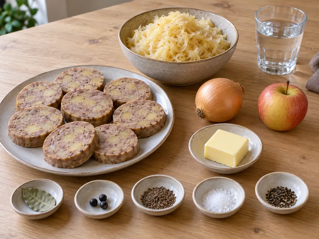 Saumagenscheiben, Sauerkraut, Apfel, Zwiebel, Butter und Gewürze vor der Zubereitung