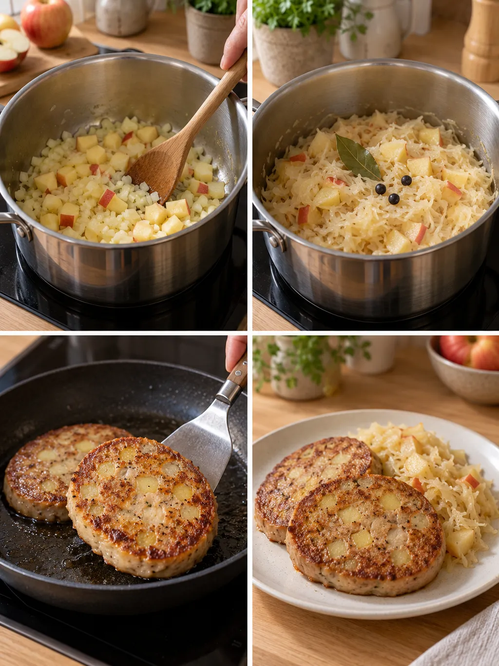 Zwiebeln und Apfel dünsten, Sauerkraut schmoren und Saumagenscheiben braten und servieren