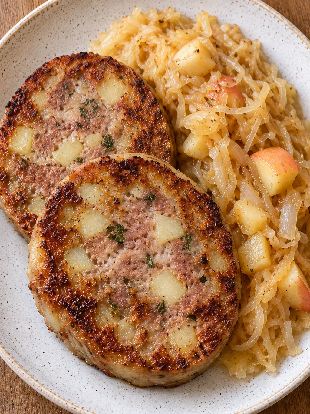 Knusprige Pfälzer Saumagenscheiben neben saftigem Sauerkraut mit Apfelstücken