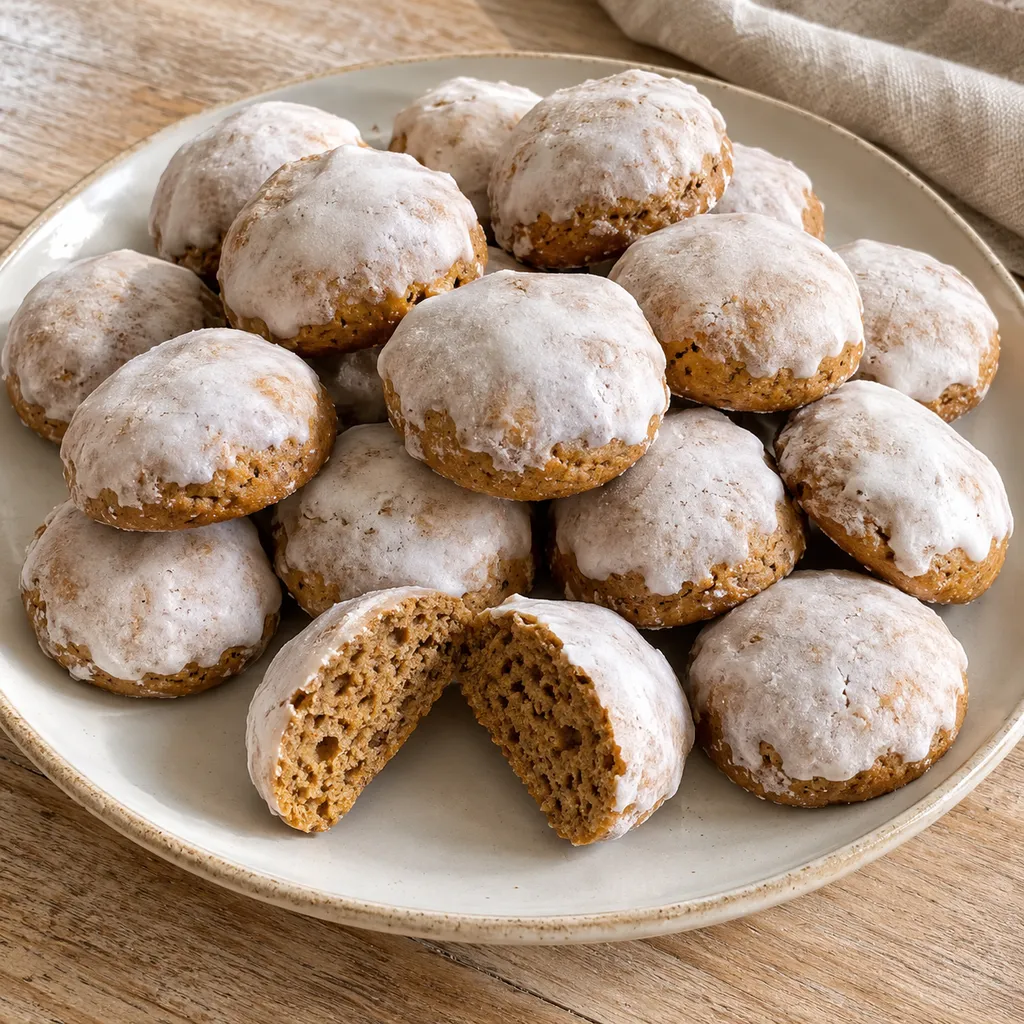 Pfeffernüsse mit weißem Zuckerguss und einer halbierten Honig-Gewürzkrume