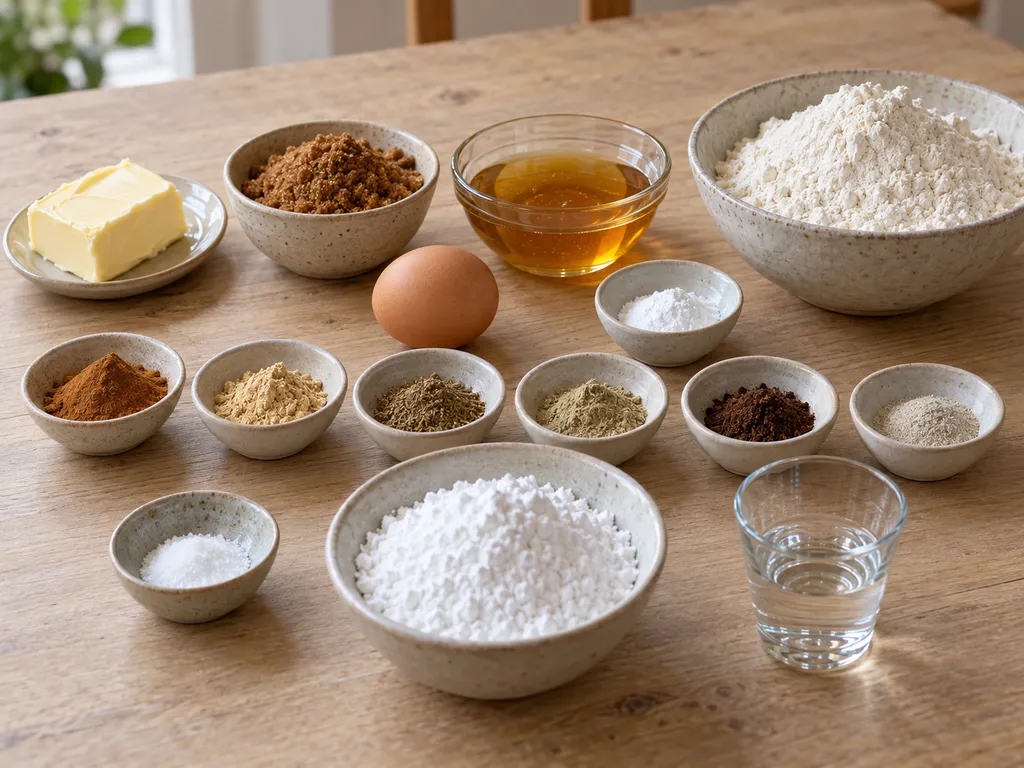 Butter, Honig, Ei, Mehl, Gewürze und Puderzucker für Pfeffernüsse