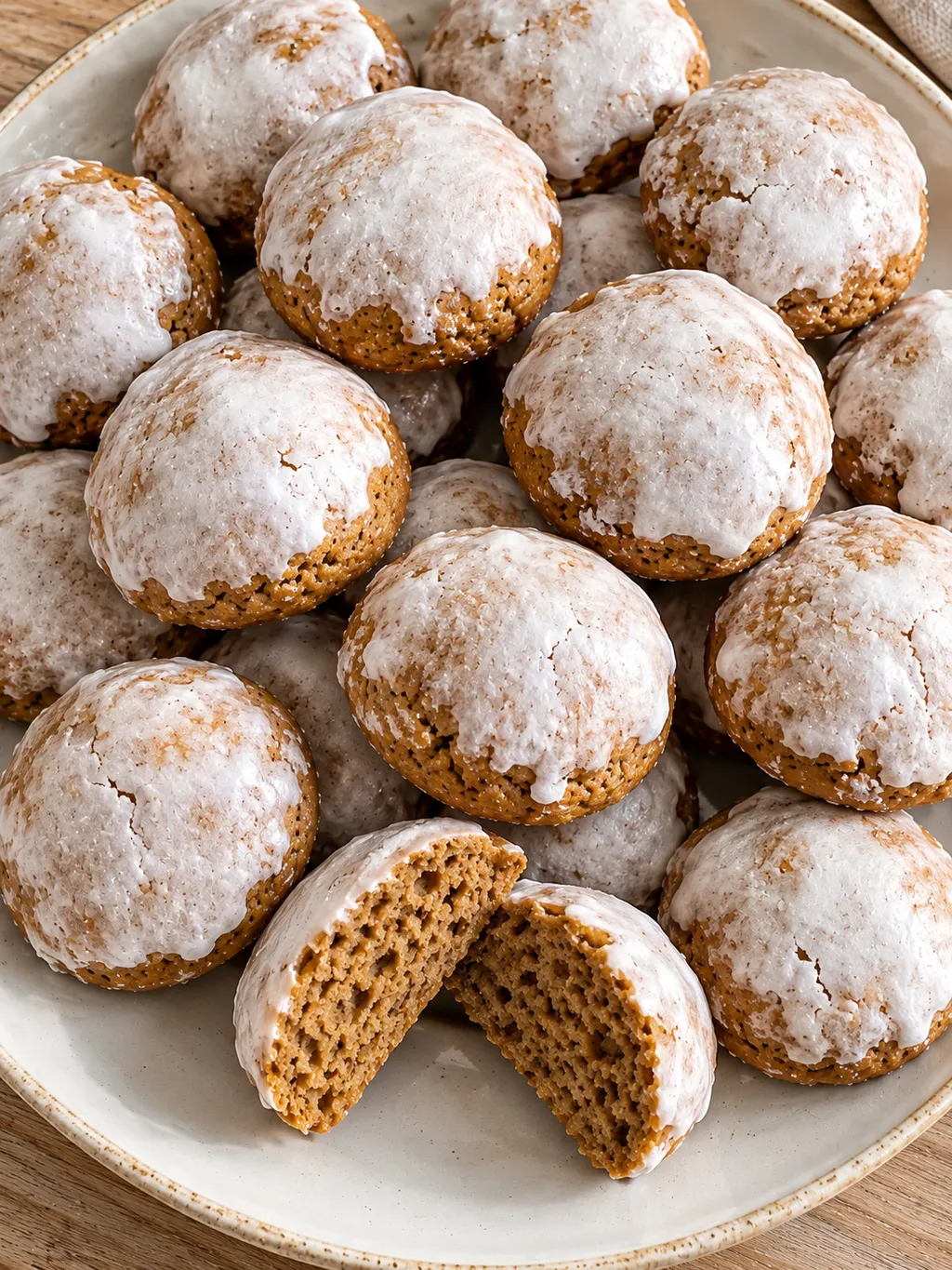 Dicht angeordnete Pfeffernüsse mit weißer Zuckerhaube und goldbraunem Rand