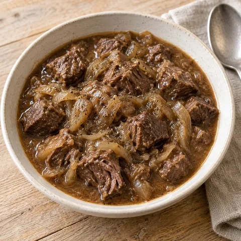 Pfefferpotthast mit Rindfleisch und weich geschmorten Zwiebeln in brauner Soße