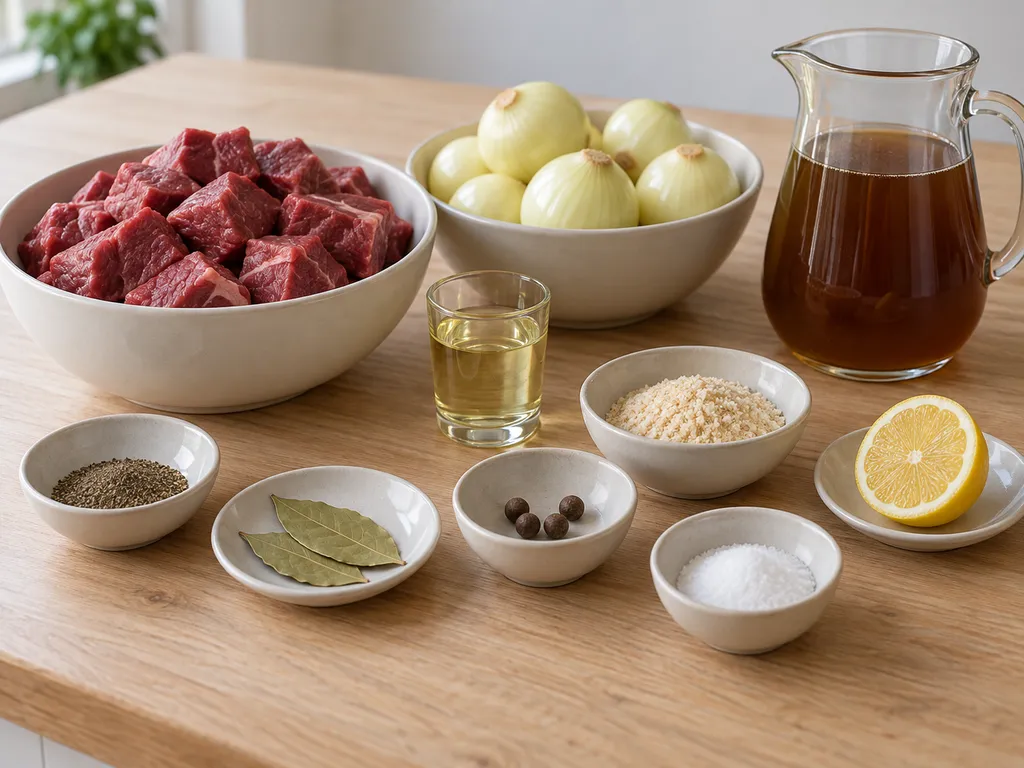 Rindfleisch, Zwiebeln, Brühe und Gewürze für Pfefferpotthast auf hellem Holz