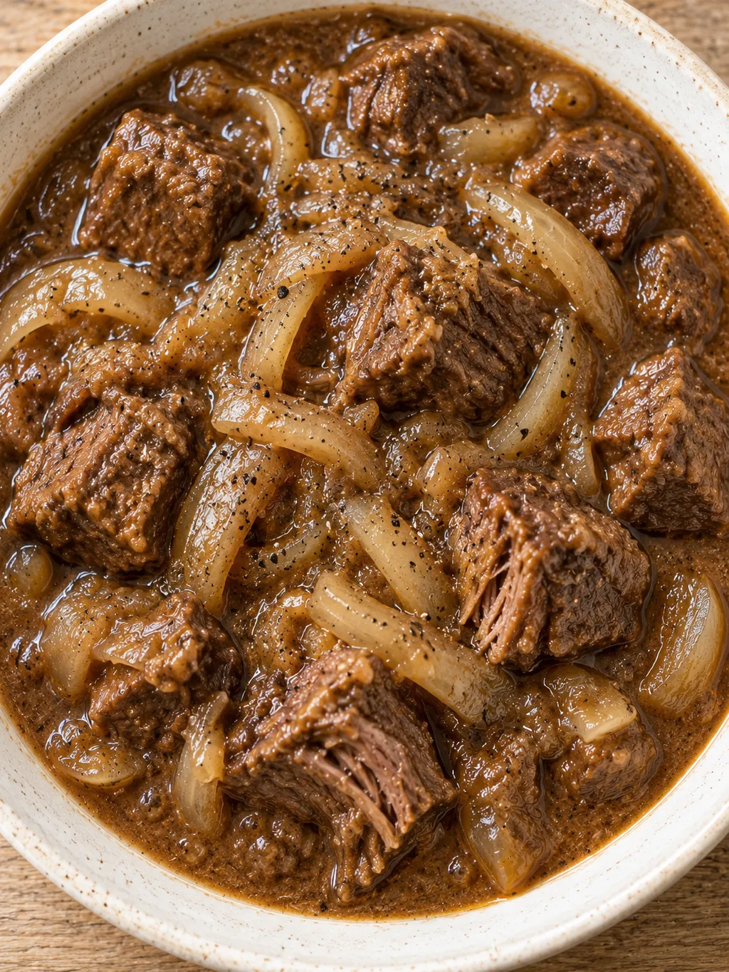 Pfefferpotthast mit zarten Rindfleischwürfeln, Zwiebeln und sämiger Pfeffersoße