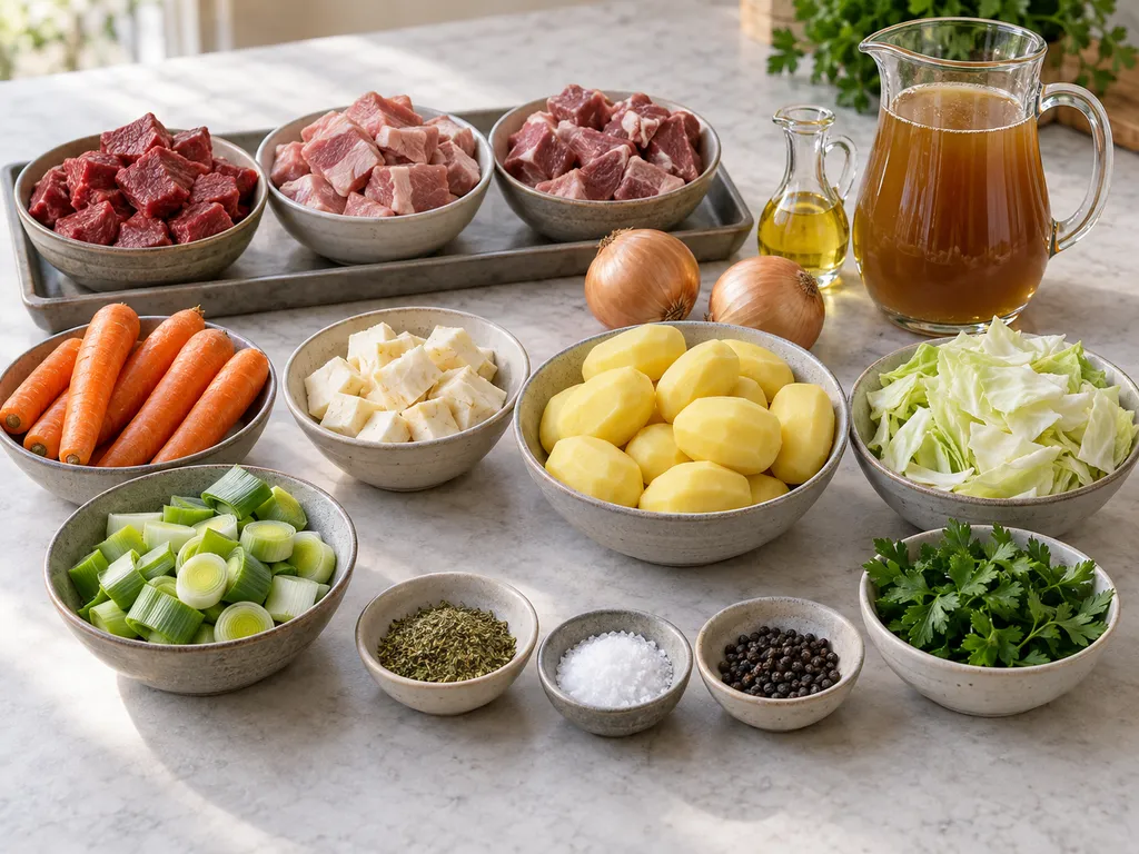 Fleisch, Kartoffeln, Kohl, Wurzelgemüse, Lauch und Gewürze für Pichelsteiner