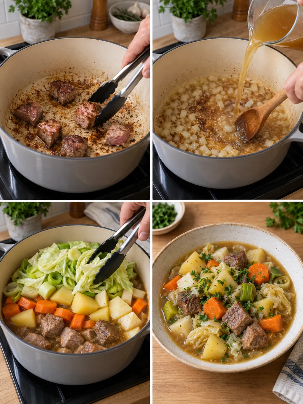 Fleisch anbraten, Bratensatz lösen, Gemüse schichten und fertigen Pichelsteiner servieren