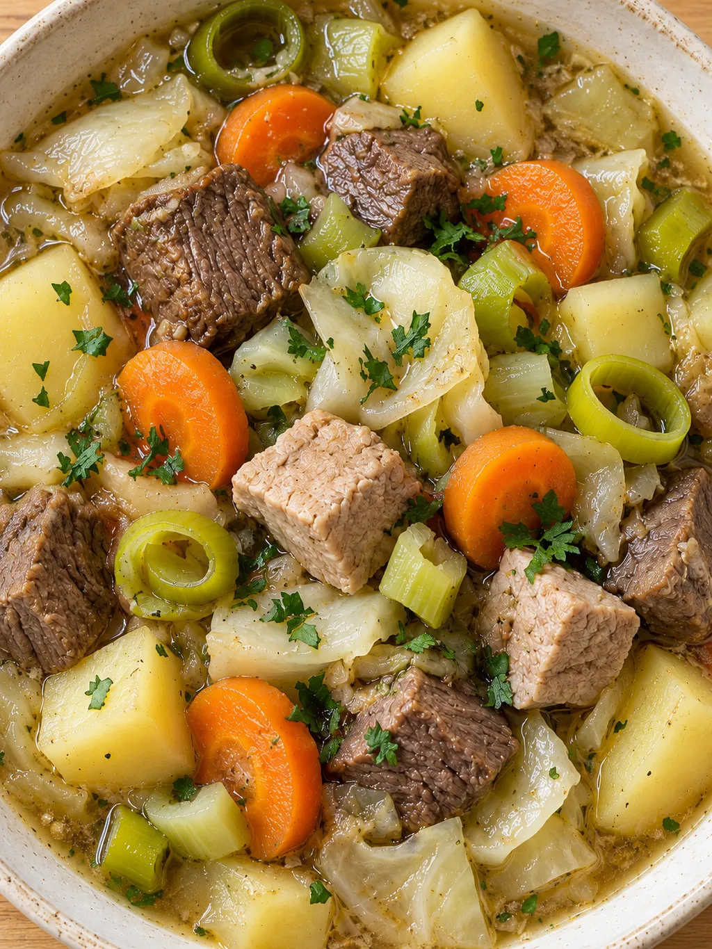 Pichelsteiner mit zartem Fleisch, großen Kartoffelstücken und buntem Gemüse
