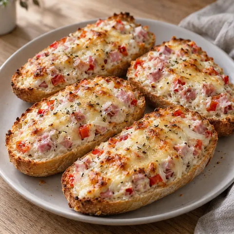 Pizzabrötchen mit Schinken, roter Paprika und goldbraun überbackenem Gouda