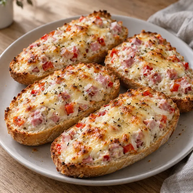 Pizzabrötchen mit Schinken, roter Paprika und goldbraun überbackenem Gouda