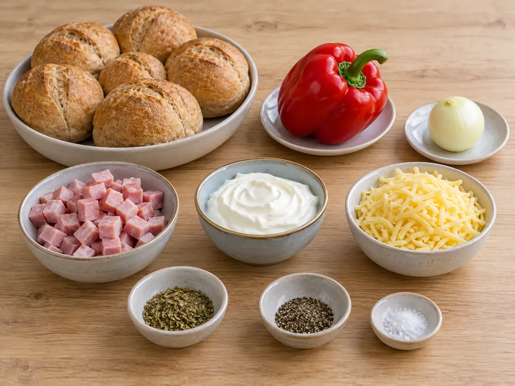 Brötchen, Schinken, Crème fraîche, Gouda, Paprika, Zwiebel und Gewürze