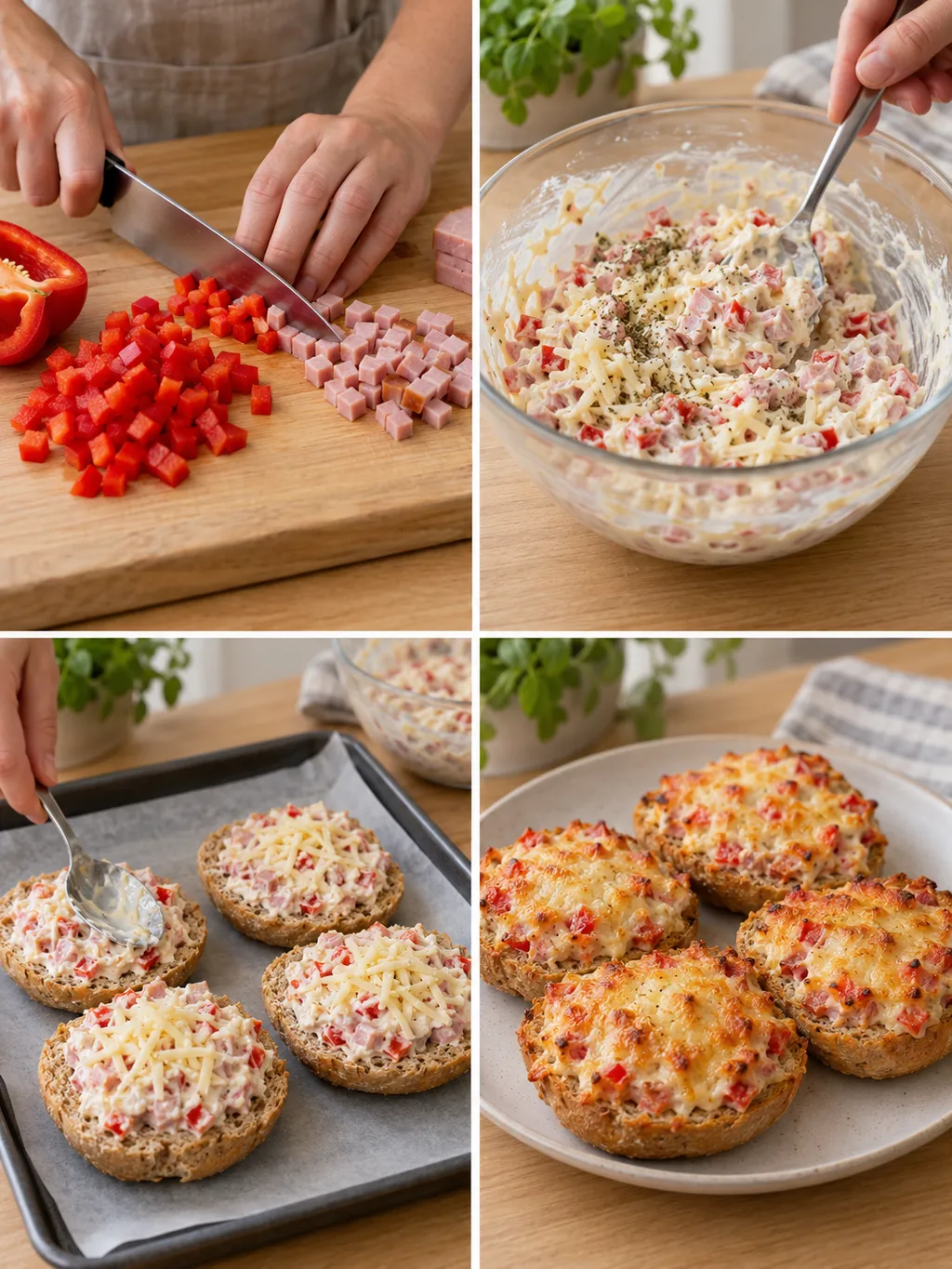 Zubereitung der Pizzabrötchen vom Würfeln über das Belegen bis zum fertigen Gericht