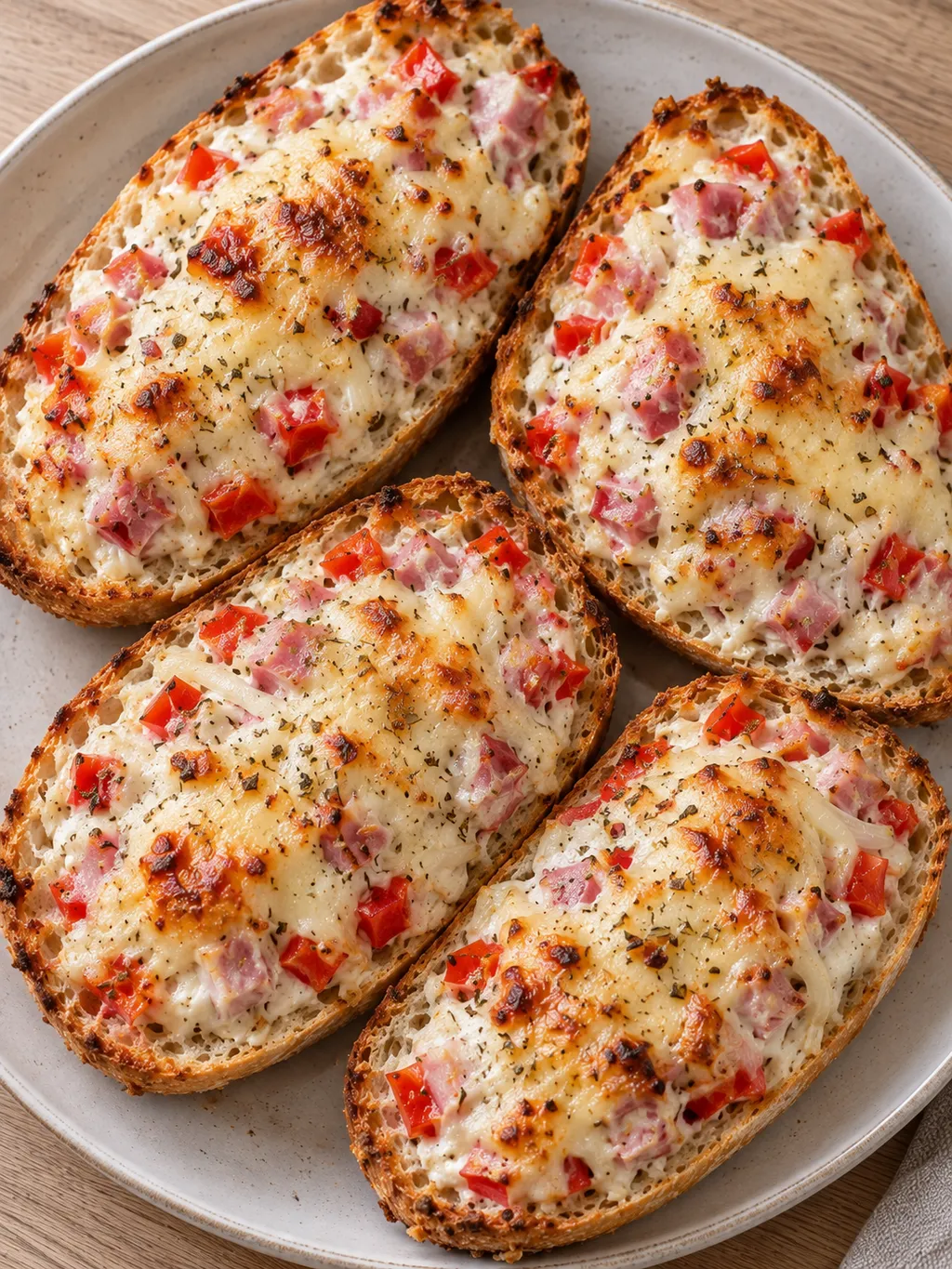 Goldbraune Pizzabrötchen mit cremigem Schinken-Paprika-Belag auf einem hellen Teller