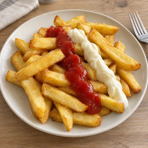 Goldgelbe Pommes Schranke mit getrennten Streifen aus Ketchup und Mayonnaise