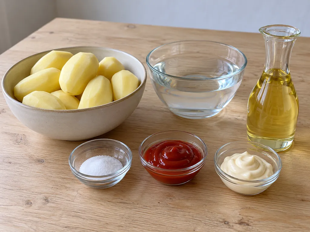 Kartoffeln, Wasser, Rapsöl, Salz, Ketchup und Mayonnaise für Pommes Schranke