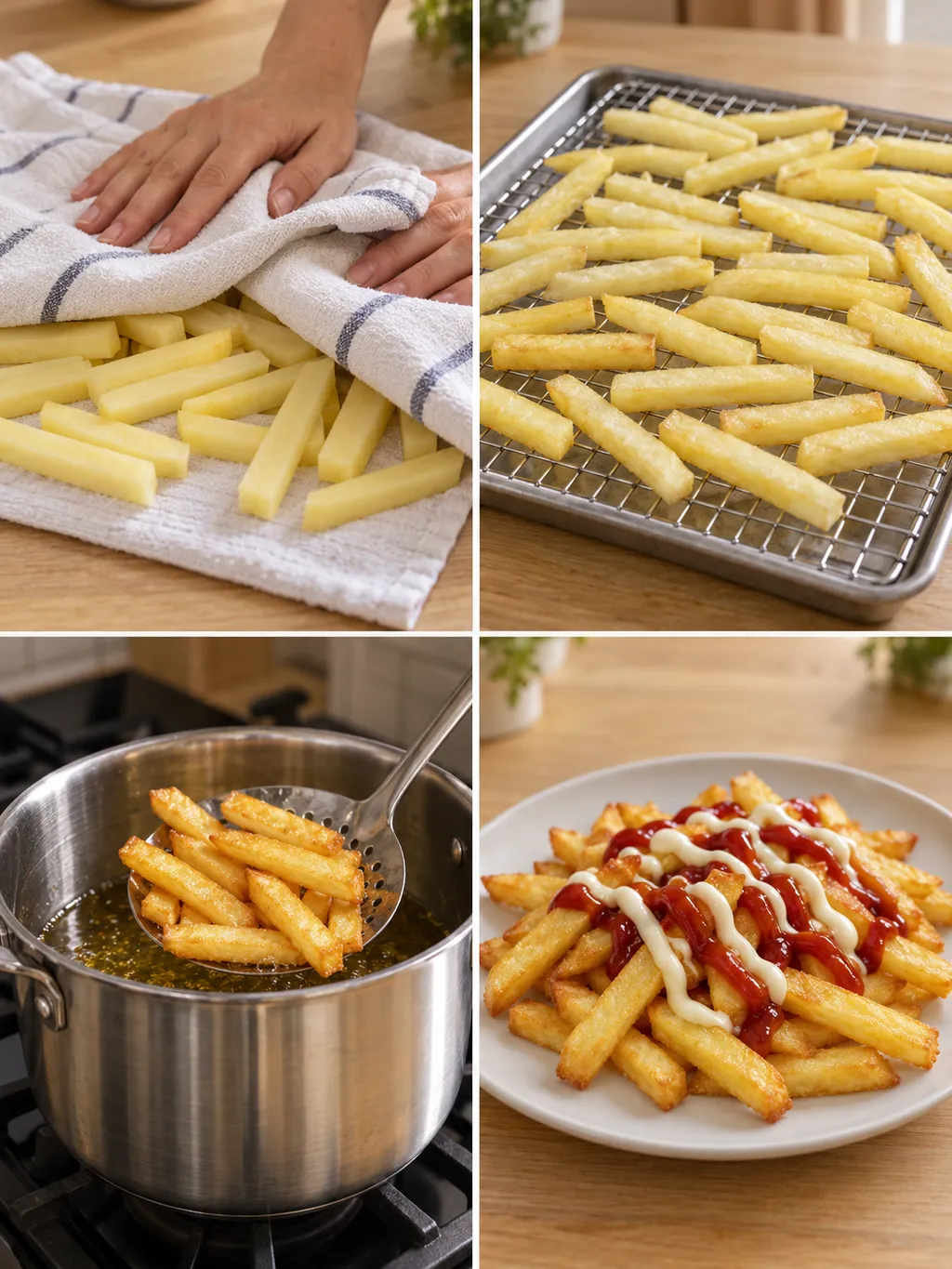 Kartoffelstifte trocknen, abkühlen, fertig frittieren und mit Ketchup und Mayo servieren