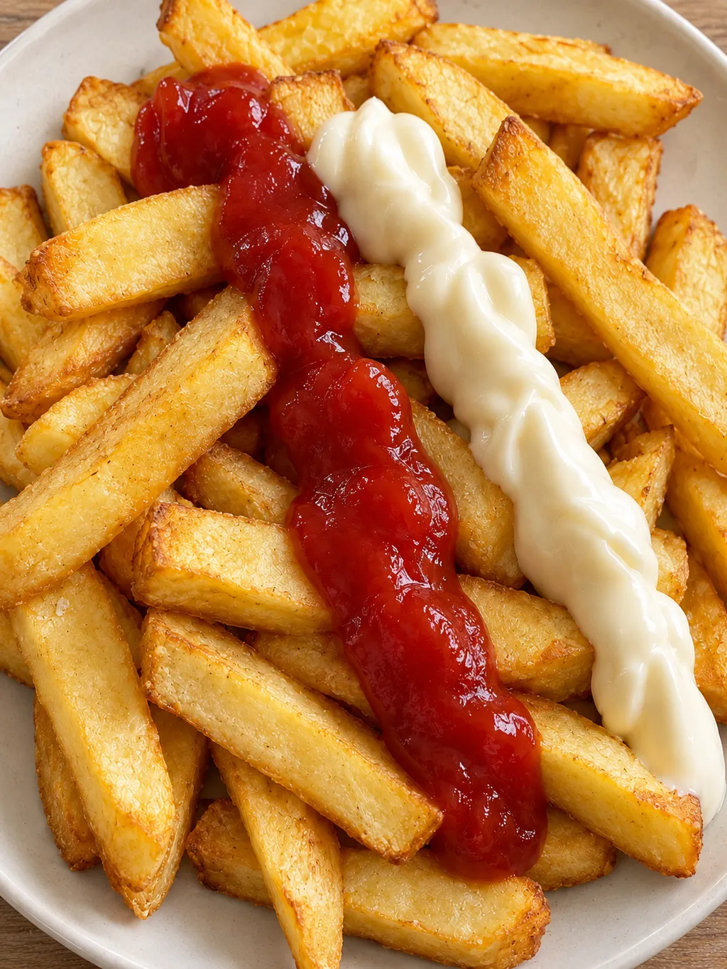 Knusprige goldgelbe Pommes mit roten Ketchupstreifen und heller Mayonnaise