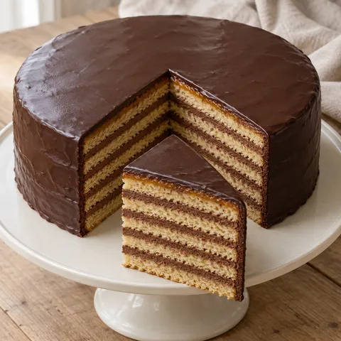 Prinzregententorte mit sieben hellen Biskuitböden, Schokoladencreme und dunkler Glasur